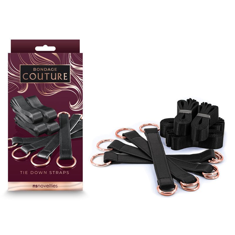 Bondage couture black tie down straps front and the box | Flirtybay.com.au